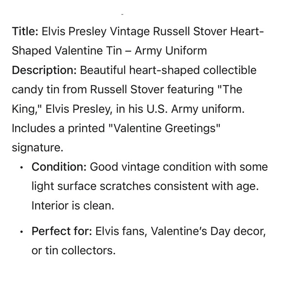 Elvis Presley Vintage Russell Stover Heart Valentine Tin Army Uniform 1997 - Picture 7 of 7